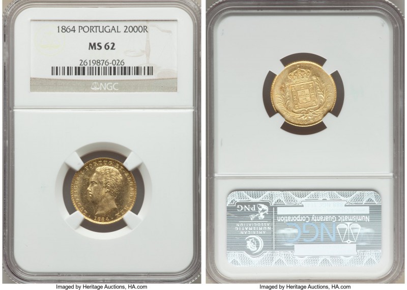 Luiz I gold 2000 Reis 1864 MS62 NGC, KM511. Flashy and almost prooflike, with sh...