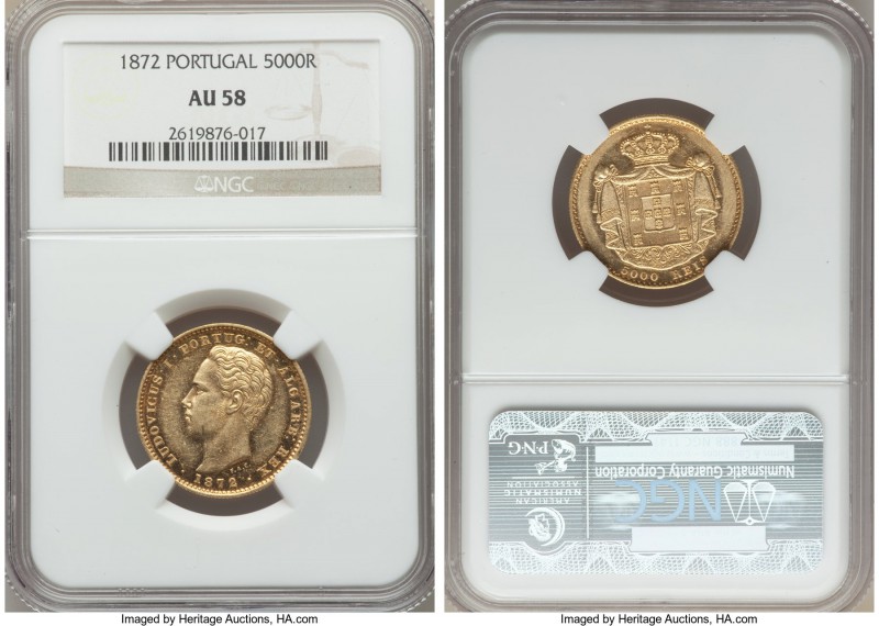 Luiz I gold 5000 Reis 1872 AU58 NGC, KM516. More lustrous in the fields than one...