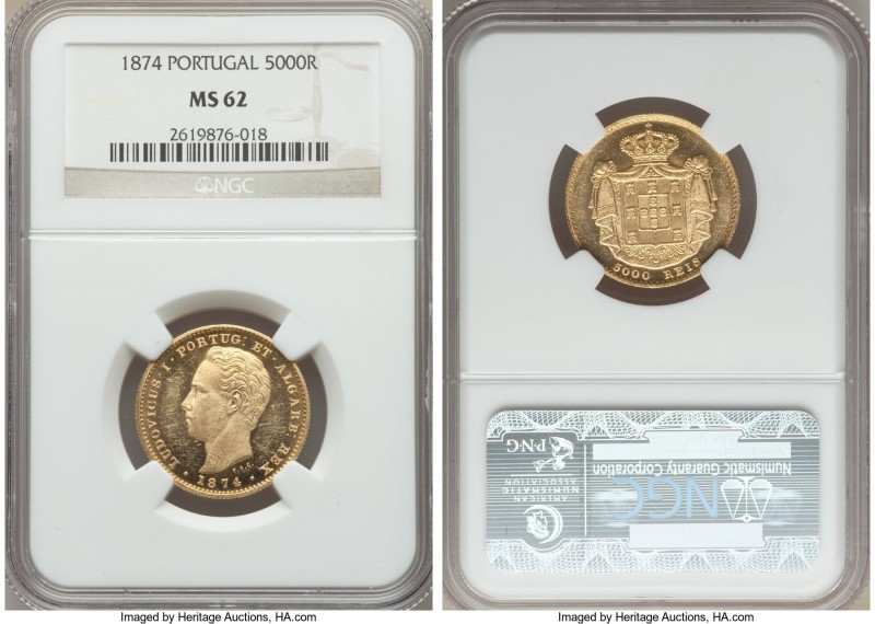 Luiz I gold 5000 Reis 1874 MS62 NGC, KM516. The fields are so reflective that on...