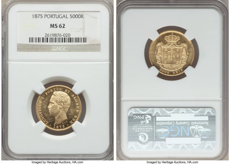 Luiz I gold 5000 Reis 1875 MS62 NGC, KM516. A small discoloration in the obverse...