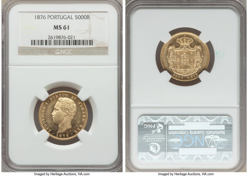 Luiz I gold 5000 Reis 1876 MS61 NGC, KM516. Some chatter in the fields, but the ...