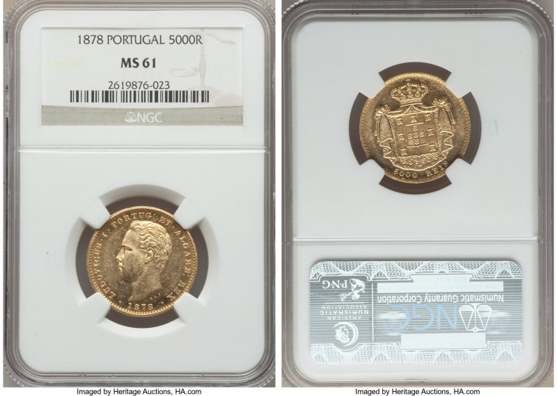 Luiz I gold 5000 Reis 1878 MS61 NGC, KM516. Problem-free and quite attractive wh...