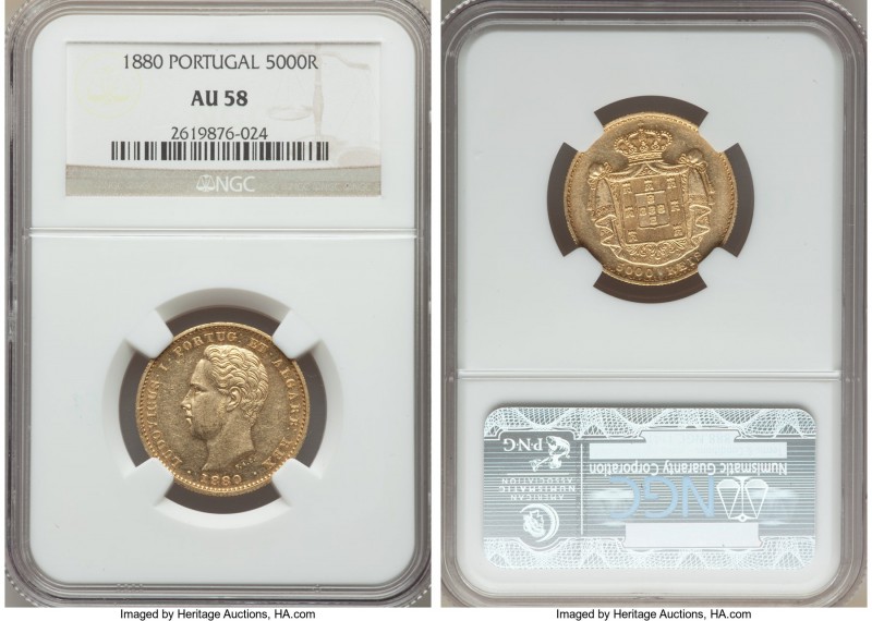 Luiz I gold 5000 Reis 1880 AU58 NGC, KM516. A gleaming sun-gold piece with only ...