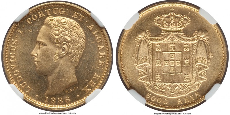 Luiz I gold 5000 Reis 1886 MS64 NGC, KM516. A few faint marks come into view upo...