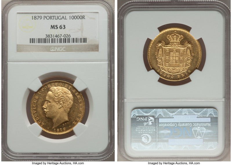 Luiz I gold 10000 Reis 1879 MS63 NGC, KM520. Well-struck, with the reflective fi...