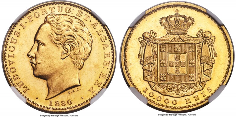 Luiz I gold 10000 Reis 1880 MS64 NGC, KM520. Very lustrous and attractive, and r...