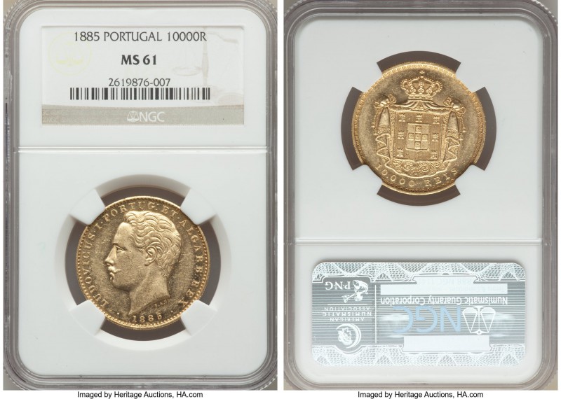 Luiz I gold 10000 Reis 1885 MS61 NGC, KM520. Some scattered hairlines, but more ...