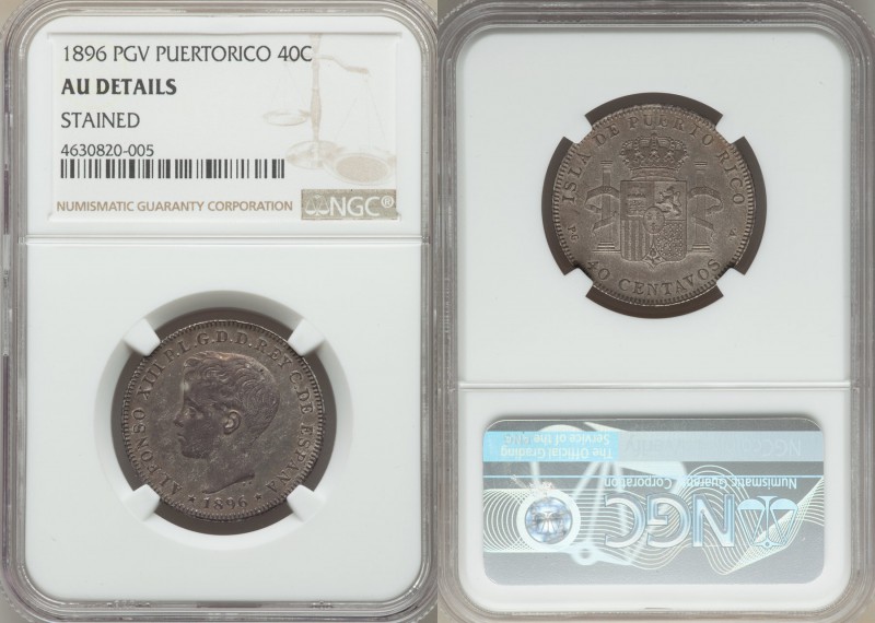 Spanish Colony. Alfonso XIII 40 Centavos 1896-PGV AU Details (Stained) NGC, KM23...