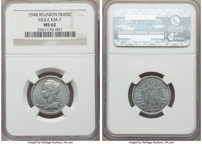 French Overseas Department aluminum Mule Franc 1948-(a) MS62 NGC, Paris mint, KM...