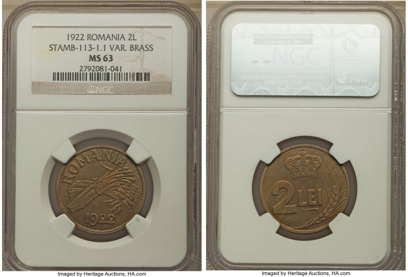 Ferdinand I brass Pattern 2 Lei 1922 MS63 NGC, KM-Pn191, Stamb-113-1.1. Solidly ...