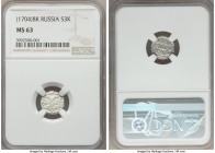 Peter I 3 Kopecks (Altyn) ЯΨД (1704)-БК MS63 NGC, KM119. An incredible one-year type that appears to loom large above the rest, this tied for finest g...