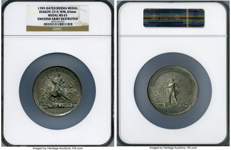 Peter I white metal "Swedish Army Destroyed" Medal 1709 MS63 NGC, 65mm, Diakov-2...