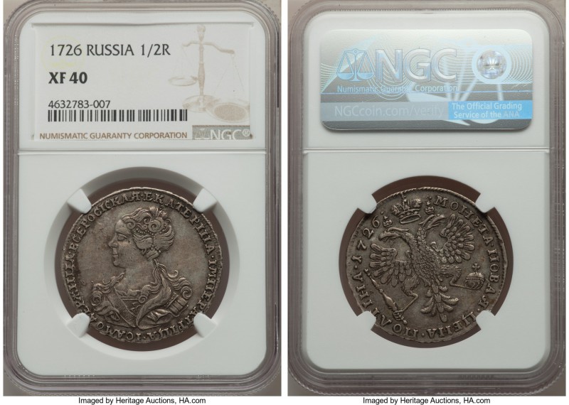 Catherine I Poltina 1726 XF40 NGC, Red mint, KM173, Bitkin-56 (R). A rare issue ...