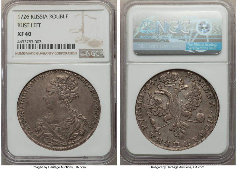 Catherine I Rouble 1726 XF40 NGC, Red mint, KM168, Bitkin-34. Bust left. Gray-ru...