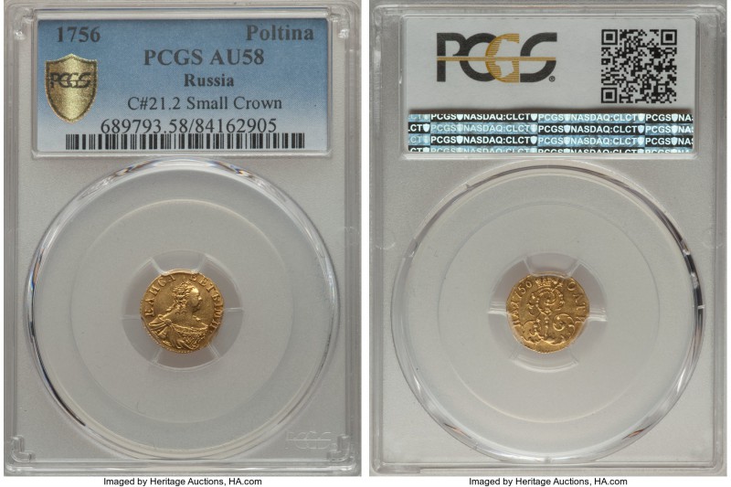 Elizabeth gold Poltina 1756 AU58 PCGS, Red mint, KM-C21.1, Bitkin-72. Small crow...