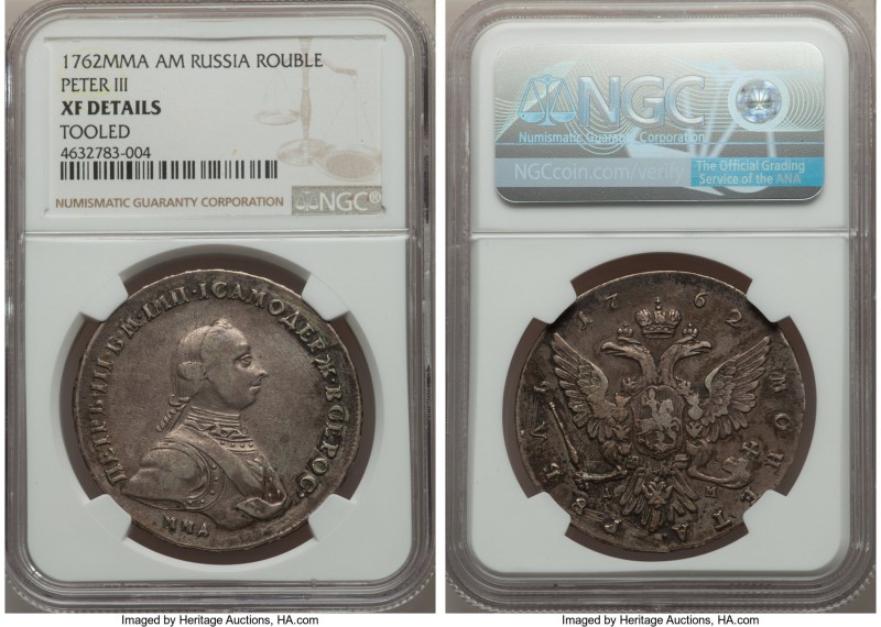 Peter III Rouble 1762 MMД-ДM XF Details (Tooled) NGC, Red mint, KM-C47.1, Bitkin...