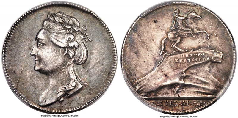 Catherine II silver "Bronze Horseman" Medal 1782 MS62 PCGS, 25mm, Diakov-194.8. ...