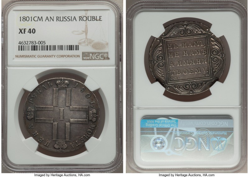Paul I Rouble 1801 CM-AИ XF40 NGC, St. Petersburg mint, KM-C101a, Bitkin-46. The...