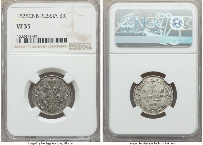 Nicholas I platinum 3 Roubles 1828-CПБ VF35 NGC, St. Petersburg mint, KM-C177, B...