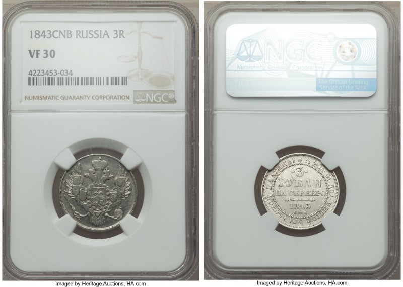 Nicholas I platinum 3 Roubles 1843-CПБ VF30 NGC, St. Petersburg mint, KM-C177, B...