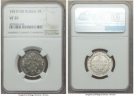 Nicholas I platinum 3 Roubles 1843-CПБ VF30 NGC, St. Petersburg mint, KM-C177, Bitkin-89 (R). Traces of mint luster with light marks consistent with t...