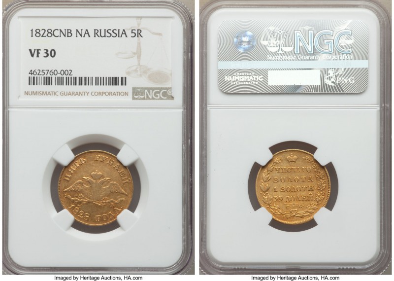 Nicholas I gold 5 Roubles 1828 CΠБ-ΠД VF30 NGC, St. Petersburg mint, KM-C174. A ...