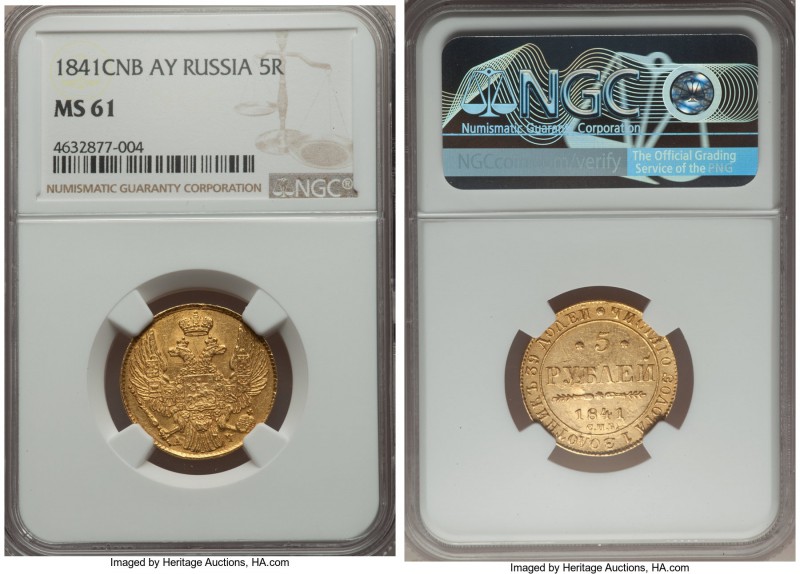 Nicholas I gold 5 Roubles 1841 CПБ-AЧ MS61 NGC, St. Petersburg mint, KM-C175.1, ...