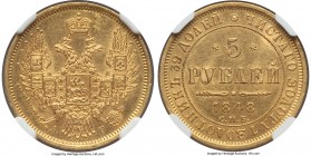 Nicholas I gold 5 Roubles 1848 CПБ-AГ MS62 NGC, St. Petersburg mint, KM-C175.3, Bitkin-30. Bright, original mint luster, with moderate contact marks a...