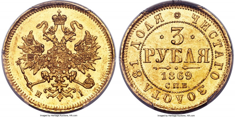Alexander II gold 3 Roubles 1869 CΠБ-HI MS62 PCGS, St. Petersburg mint, KM-Y26, ...