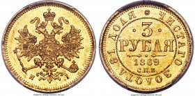 Alexander II gold 3 Roubles 1869 CΠБ-HI MS62 PCGS, St. Petersburg mint, KM-Y26, Bit-31. Silky at every turn, capped in its technical grade only by a s...