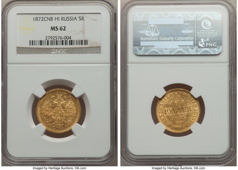 Alexander II gold 5 Roubles 1872 CПБ-HI MS62 NGC, St. Petersburg mint, KM-YB26, ...