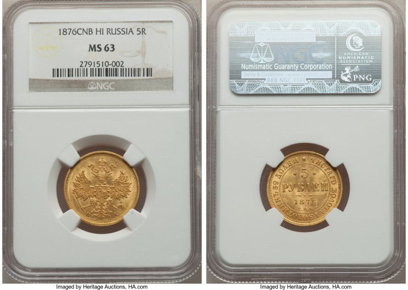 Alexander II gold 5 Roubles 1876 CПБ-HI MS63 NGC, St. Petersburg mint, KM-YB26, ...