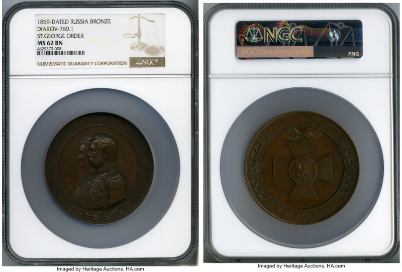Alexander II bronze "100th Anniversary of the St. George Order" 1869 MS62 Brown ...