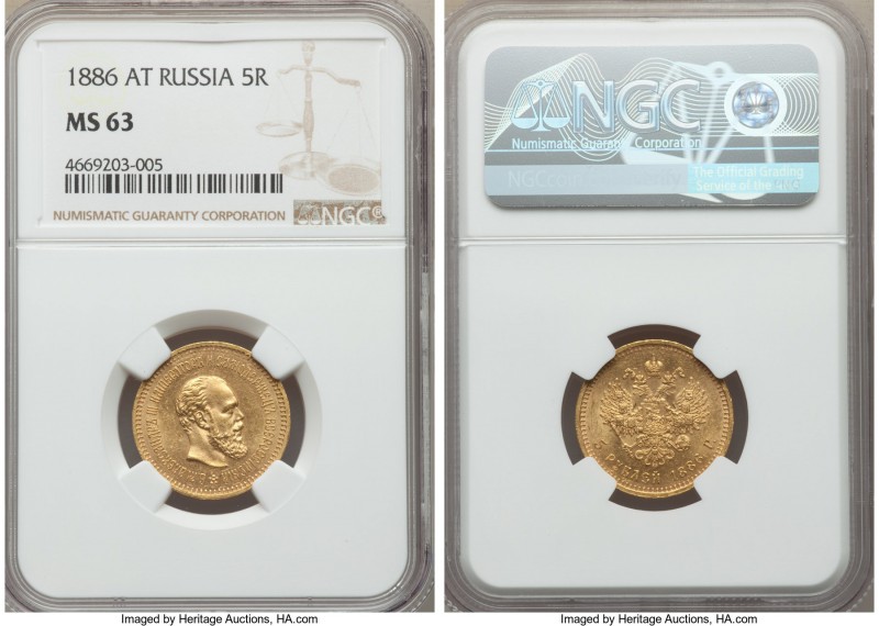 Alexander III gold 5 Roubles 1886-AГ MS63 NGC, St. Petersburg mint, KM-Y42.

HID...