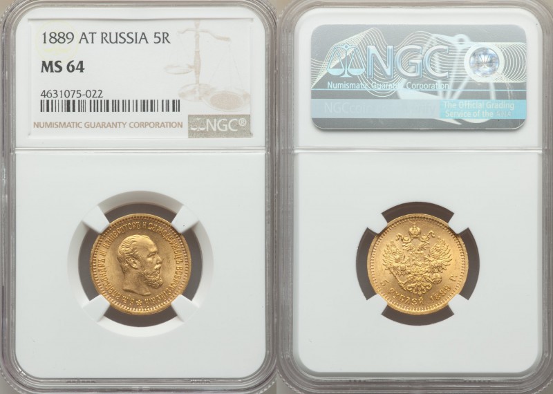 Alexander III gold 5 Roubles 1889-AГ MS64 NGC, St. Petersburg mint, KM-Y42, Fr-1...