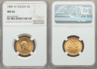 Alexander III gold 5 Roubles 1889-AГ MS64 NGC, St. Petersburg mint, KM-Y42, Fr-168, Bitkin-33. A true near-gem, with minimally marked golden surfaces....