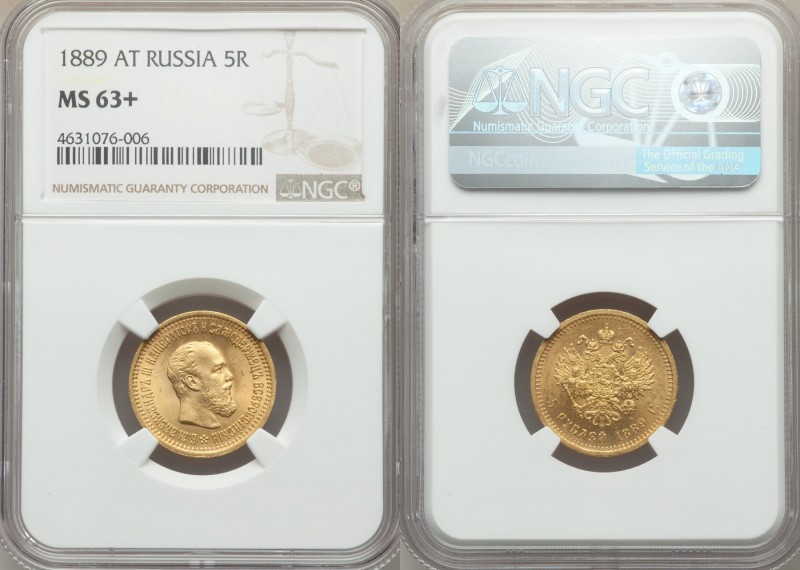 Alexander III gold 5 Roubles 1889-AГ MS63+ NGC, St. Petersburg mint, KM-Y42, Fr-...