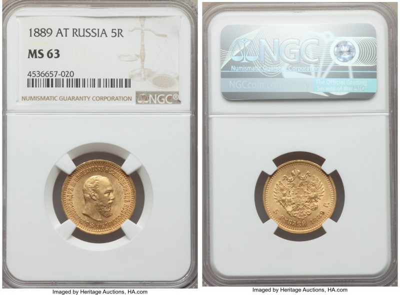 Alexander III gold 5 Roubles 1889-AΓ MS63 NGC, St. Petersburg mint, KM-Y42, Fr-1...
