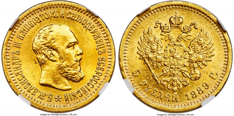 Alexander III gold 5 Roubles 1889-AΓ MS63 NGC, St. Petersburg mint, KM-Y42. A va...