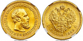 Alexander III gold 5 Roubles 1889-AΓ MS63 NGC, St. Petersburg mint, KM-Y42. A vastly popular type and quite elusive to obtain in choice condition such...
