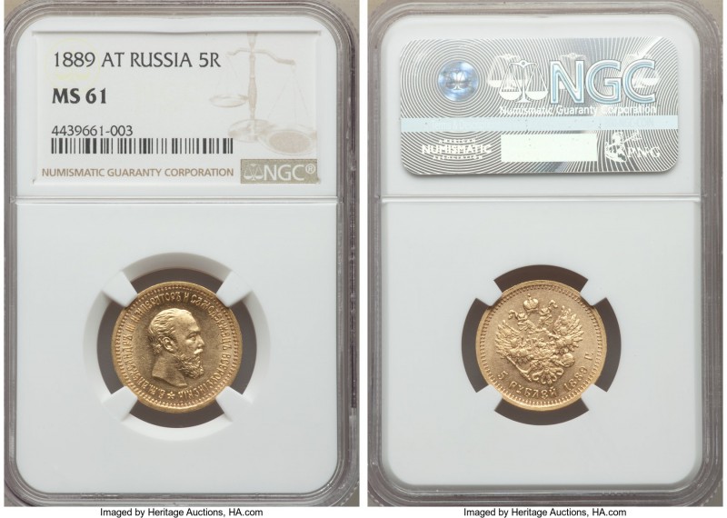 Alexander III gold 5 Roubles 1889-AГ MS61 NGC, St. Petersburg mint, KM-Y42, Fr-1...