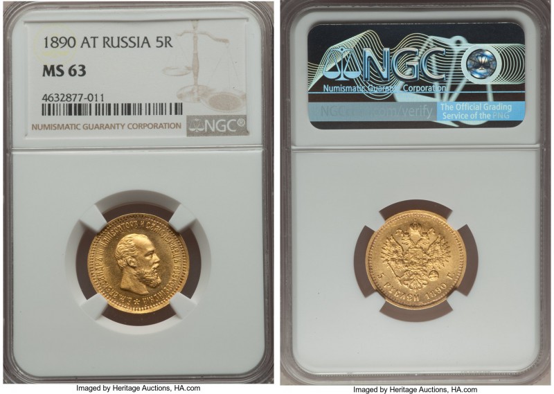Alexander III gold 5 Roubles 1890-AГ MS63 NGC, St. Petersburg mint, KM-Y42, Bitk...