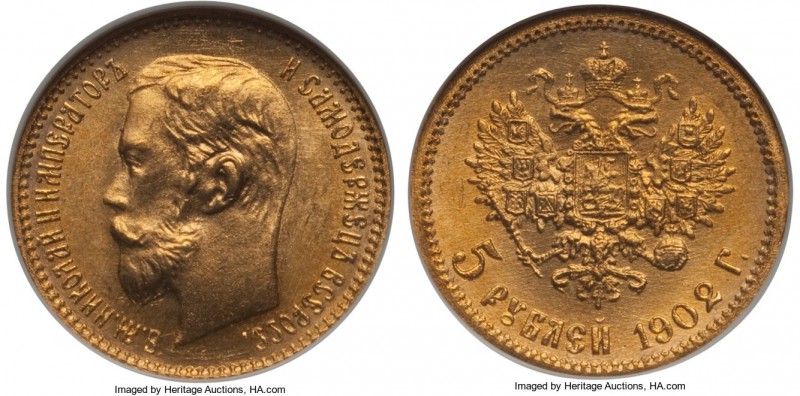 Nicholas II gold 5 Roubles 1902-AP MS67 NGC, St. Petersburg mint, KM-Y62. A maje...