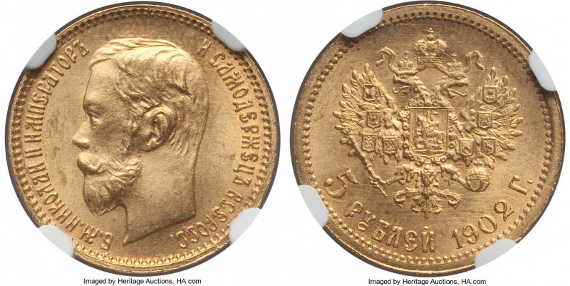 Nicholas II gold 5 Roubles 1902-AP MS66 NGC, St. Petersburg mint, KM-Y62. Sparkl...