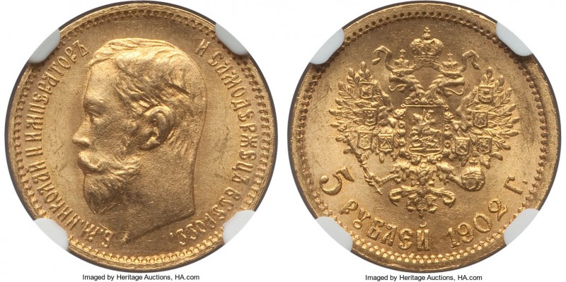 Nicholas II gold 5 Roubles 1902-AP MS65 NGC, St. Petersburg mint, KM-Y62. An ent...