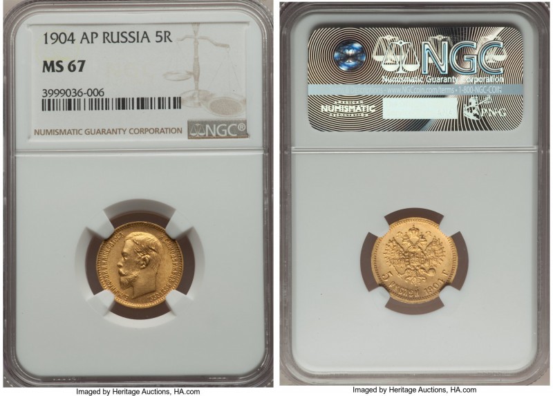 Nicholas II gold 5 Roubles 1904-AP MS67 NGC, St. Petersburg mint, KM-Y62, Bitkin...