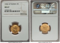 Nicholas II gold 5 Roubles 1904-AP MS67 NGC, St. Petersburg mint, KM-Y62, Bitkin-31. Exceptional surfaces with incredible golden luster.

HID999121020...