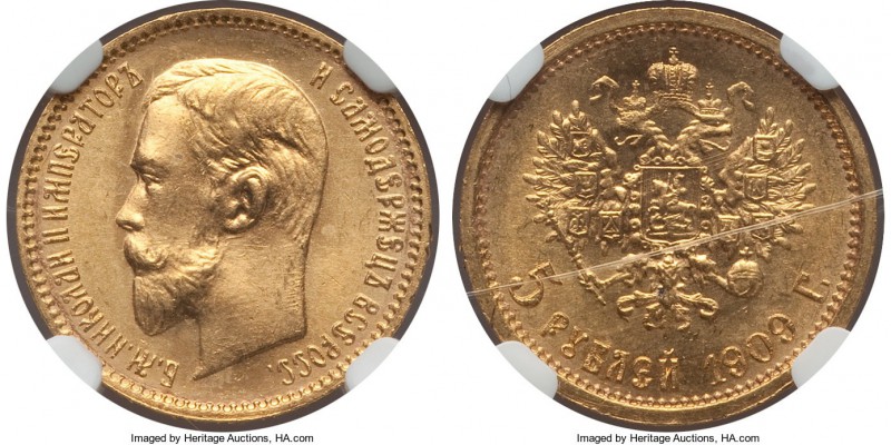 Nicholas II gold 5 Roubles 1909-ЭБ MS65 NGC, St. Petersburg mint, KM-Y62.

HID99...
