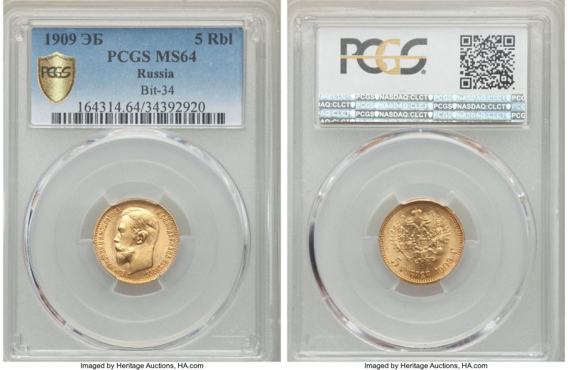 Nicholas II gold 5 Roubles 1909-ЭБ MS64 PCGS, St. Petersburg mint, KM-Y62, Bit-3...