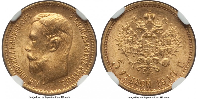 Nicholas II gold 5 Roubles 1910-ЭБ MS65 NGC, St. Petersburg mint, KM-Y62, Bitkin...